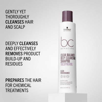 Schwarzkopf BC Clean Balance Deep Cleansing Shampoo 250ml removes build-up for a fresh, clean scalp and hair feel.