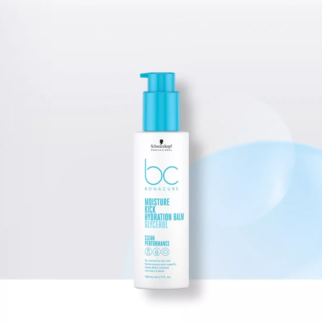 White bottle with blue pump top labeled Schwarzkopf BC Moisture Kick Hydration Balm 150ml