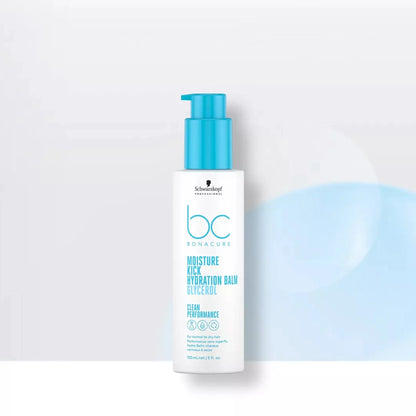 White bottle with blue pump top labeled Schwarzkopf BC Moisture Kick Hydration Balm 150ml