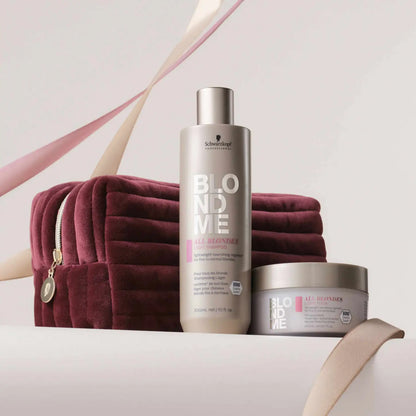Hair care product set featuring shampoo and conditioner bottles alongside a burgundy cosmetic bag.
