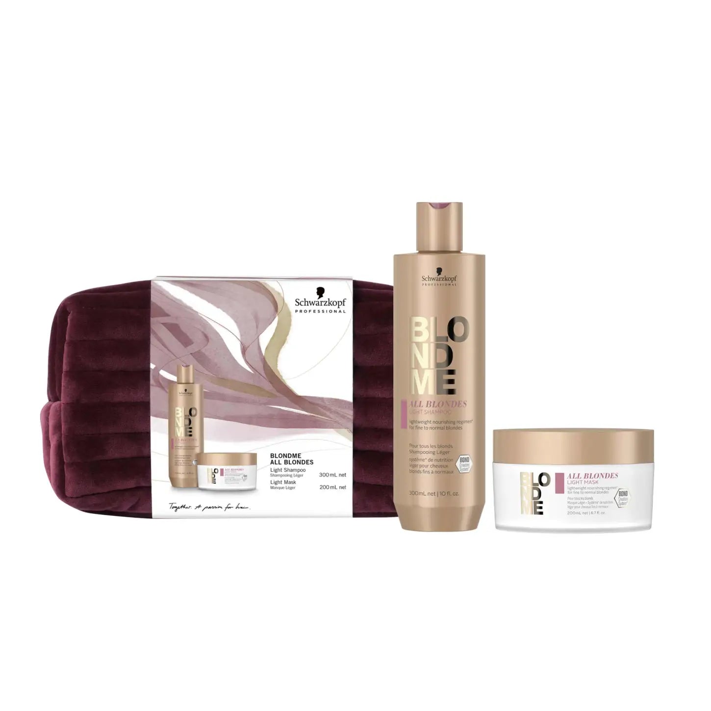Hair care product set featuring shampoo, treatment mask, and a velvet cosmetic bag.