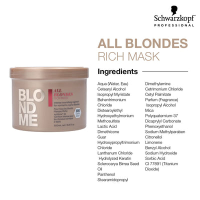Schwarzkopf Blondme All Blondes Rich Mask: Deep Conditioning Hair Mask for Blonde Hair - Nourishing Treatment, Intensive Care