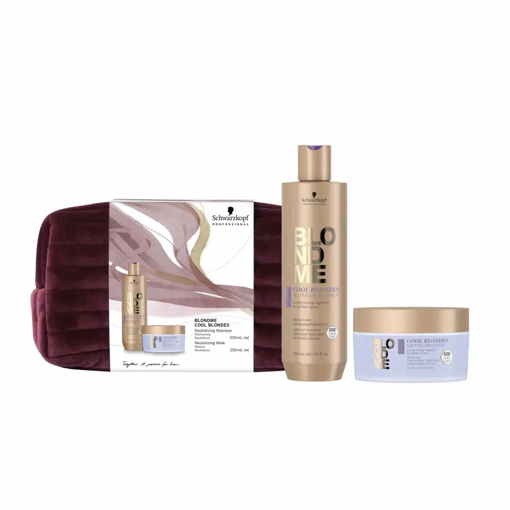 Hair care product set featuring shampoo, conditioner, and a velvet cosmetic bag.