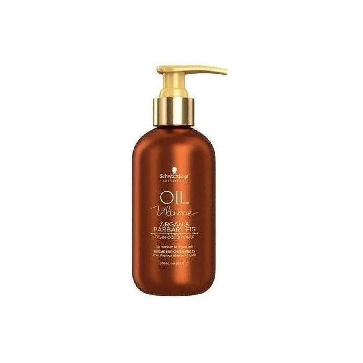 Amber-colored bottle of Schwarzkopf Oil Ultime Argan & Barbary Fig Oil-In-Conditioner 200ml