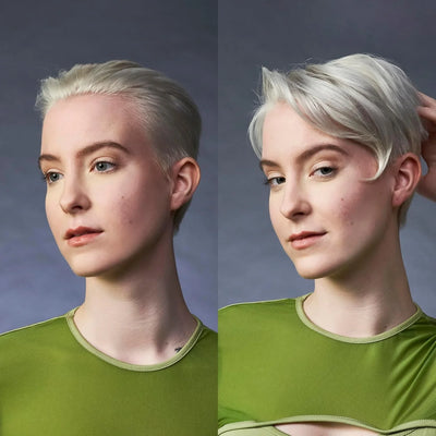 Platinum Pixie Cut: Woman with short, textured blonde hair styled with Schwarzkopf OSIS+ Mess Up matte paste for volume and style.