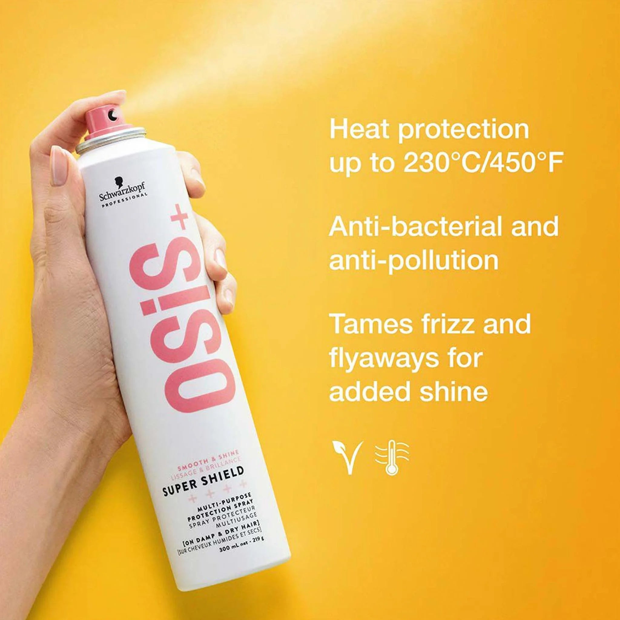 Schwarzkopf OSiS Super Shield 300ml protects hair from heat and pollution, ensuring smooth, manageable styling.