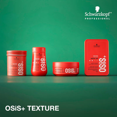 Schwarzkopf Osis+ hair styling products: texture thrill fiber gum, dust it powder, flexwax cream, mess up matte paste. Hair wax, cream & paste