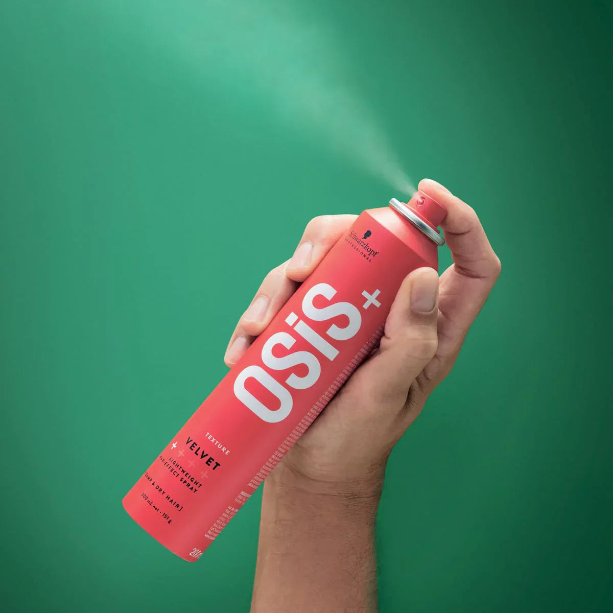 Schwarzkopf OSIS+ Velvet Texture Hair Spray - Lightweight Hold & Definition. Spraying in hand. Style Your Hair!