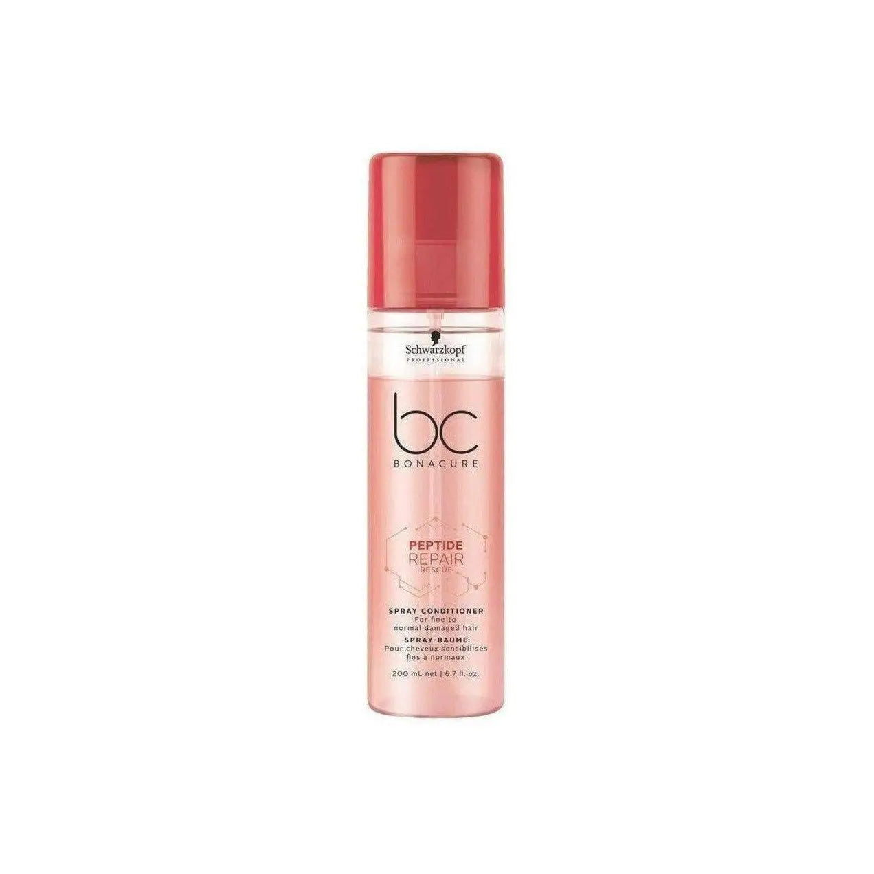 Pink bottle of Schwarzkopf Peptide Repair Rescue Spray Conditioner - 200ml