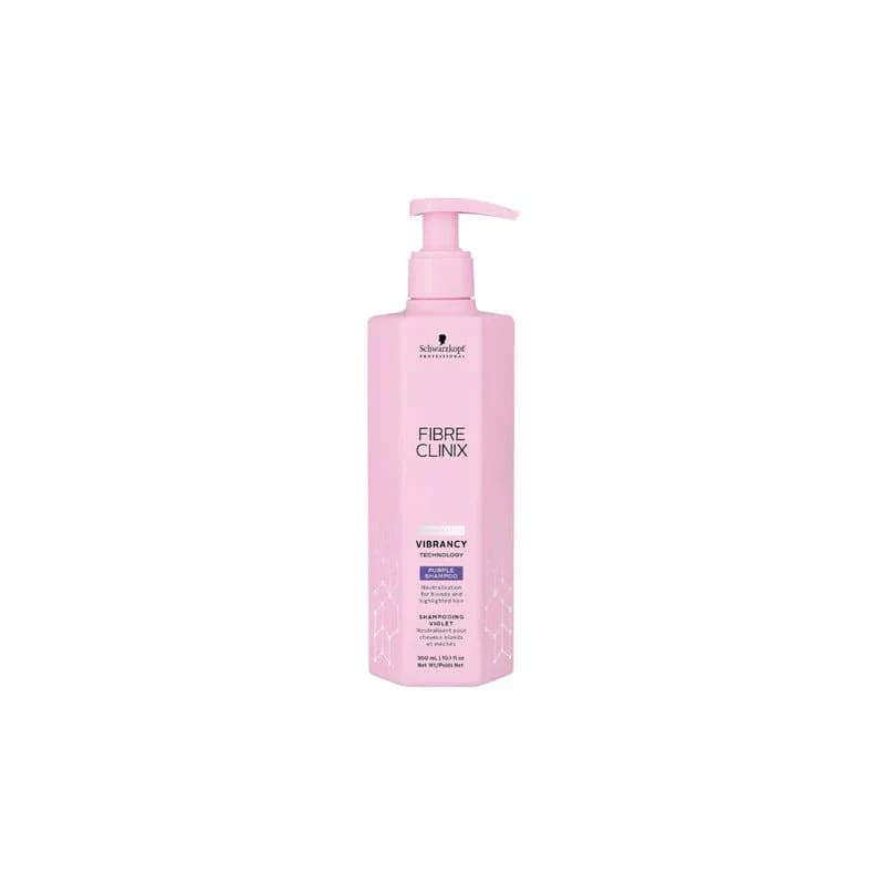 Pink bottle of Fibre Clinix Vibrancy hair treatment in Schwarzkopf Vibrancy Purple Shampoo 300ml