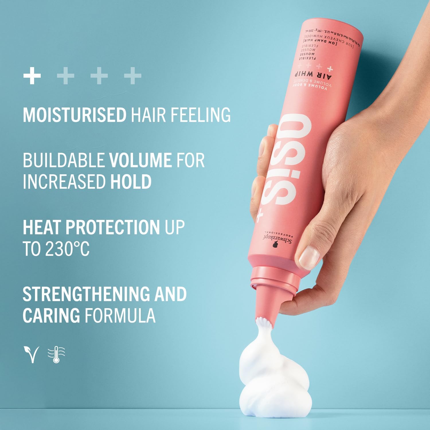 Schwarzkopf Professional OSiS Air Whip Hair Mousse - 200ml offers volume, heat protection, and a moisturized feel.