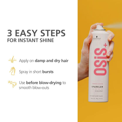 Schwarzkopf Professional Osis Sparkler Shine Spray 300ml offers instant shine and light conditioning for glossy hair.