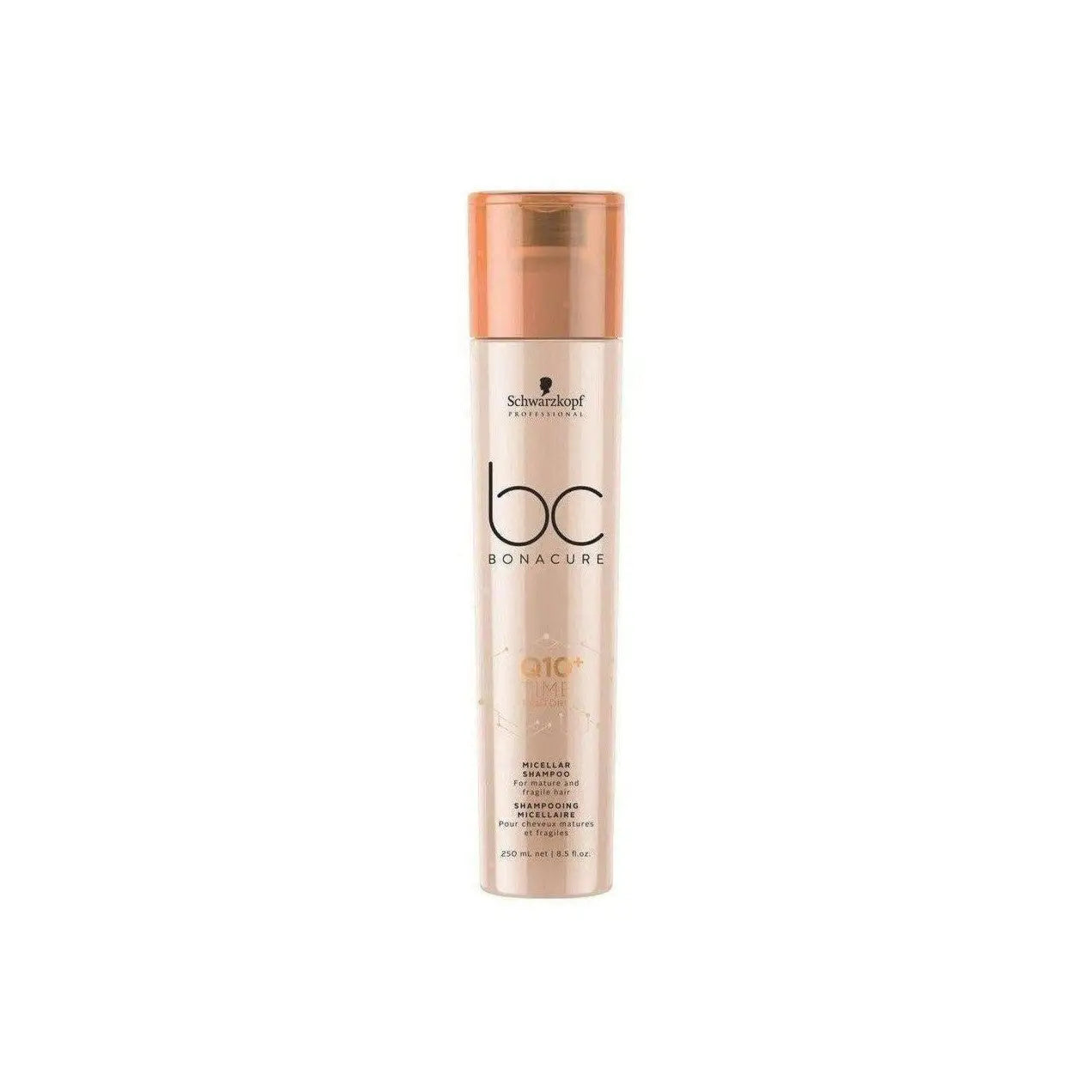 Bottle of Schwarzkopf Q10 Time Restore Micellar Shampoo - 250ml with a rose gold cap