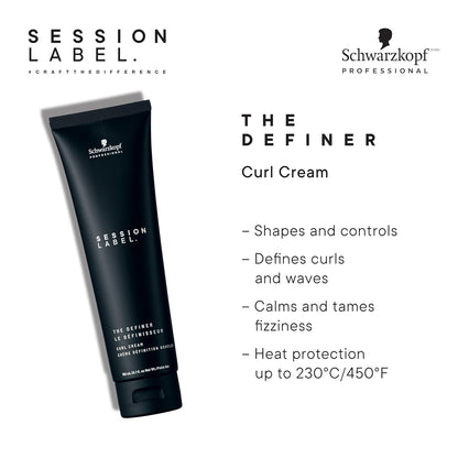 Schwarzkopf Session Label The Definer 150ml curl cream shapes and defines curls, perfect for a frizz-free look.