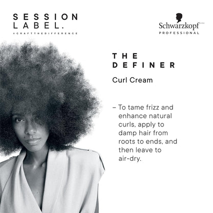 Schwarzkopf Session Label The Definer 150ml curl cream enhances curls and tames frizz for vibrant, defined styles.