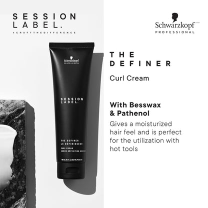 Schwarzkopf Session Label The Definer 150ml curl cream offers defined, moisturized curls for all hair types.