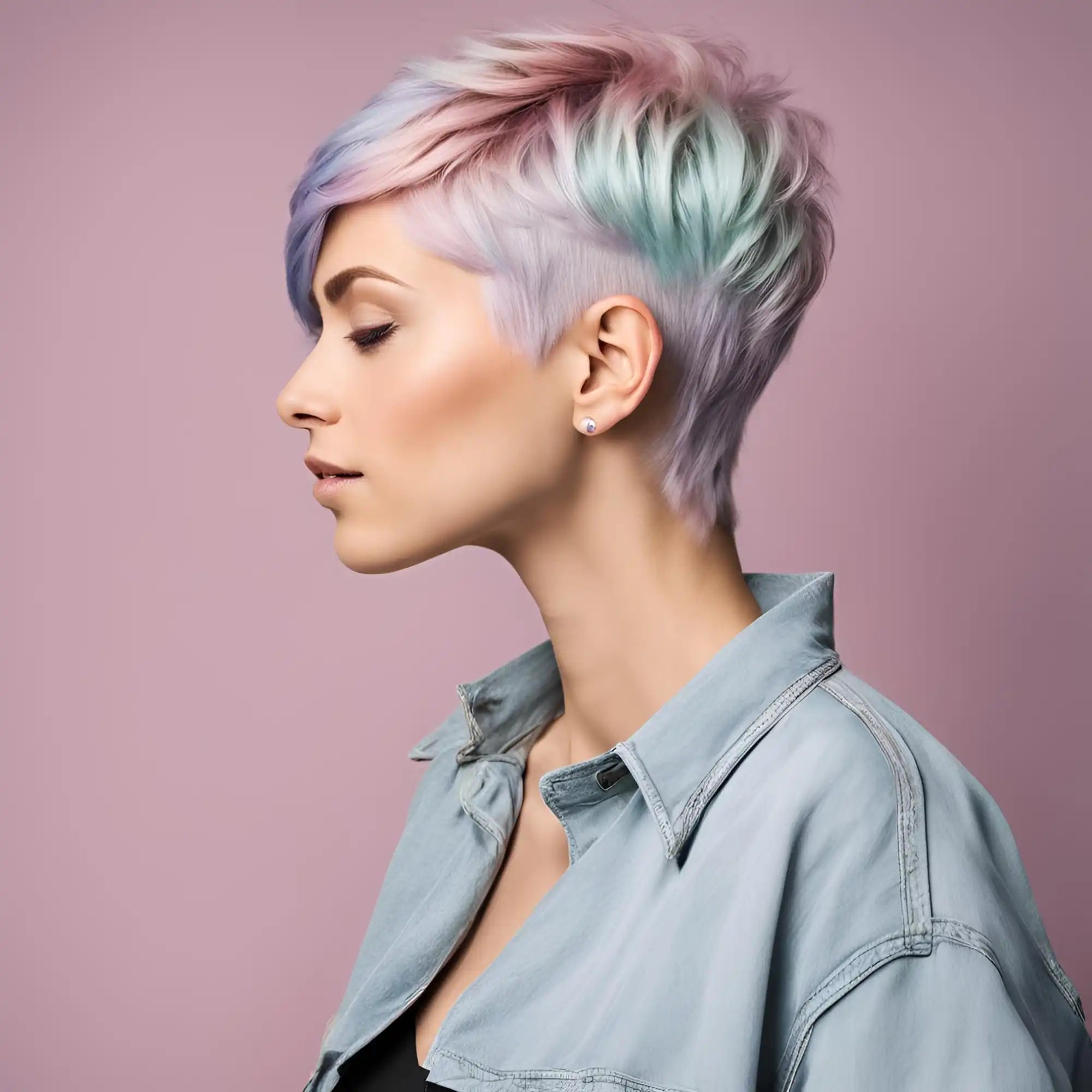 Short-haired person with pastel-colored hair styled in a pixie cut.