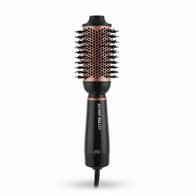Silver Bullet Bliss Hot Air Brush in black and rose gold for styling and volumizing hair