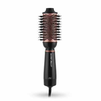Silver Bullet Bliss Hot Air Brush in black and rose gold for styling and volumizing hair