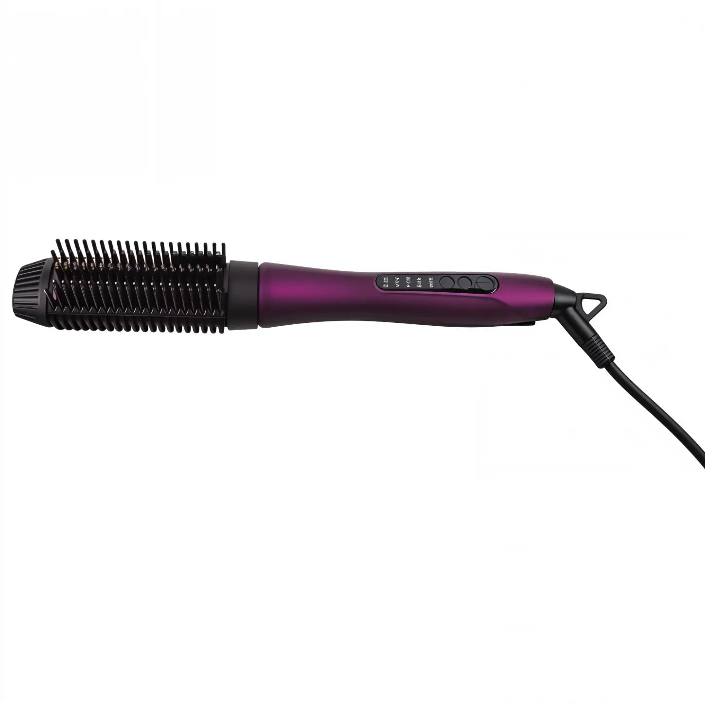 Purple and black electric hot air styling brush with bristles.