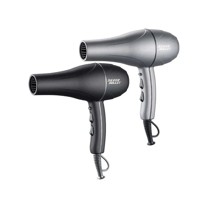 Two hair dryers, one silver and one black, with sleek modern designs.