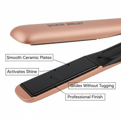 Silver Bullet Sleek Heat Ceramic Iron hair straightener with smooth ceramic plates and professional finish