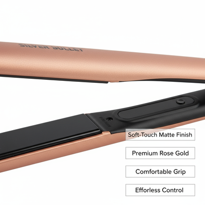 Silver Bullet Sleek Heat Ceramic Iron hair straightener in rose gold with soft-touch matte finish and comfortable grip