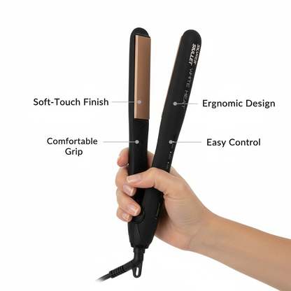 Silver Bullet titanium flatiron gold plate edition hair straightener held showing ergonomic design and soft-touch finish