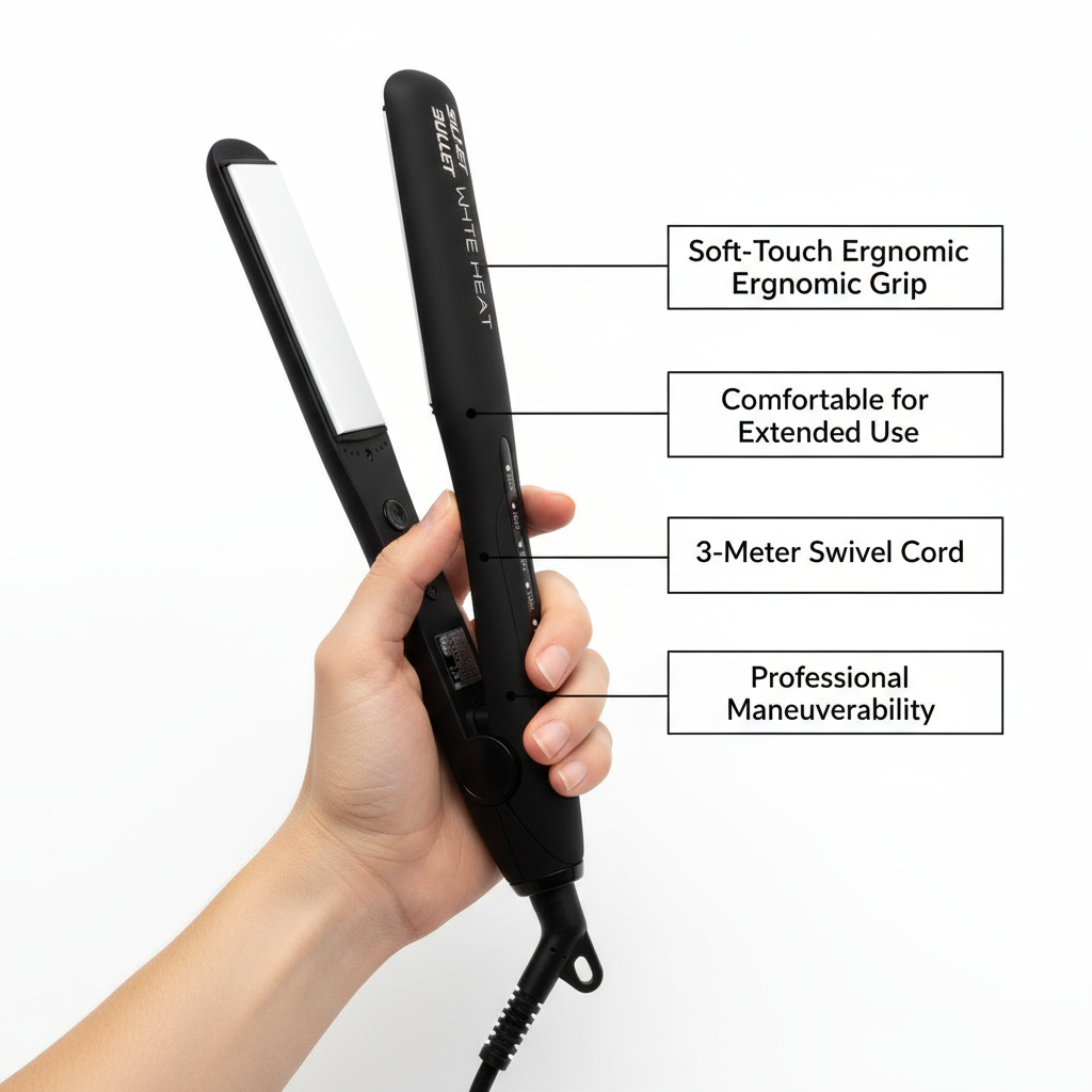Silver Bullet White Heat hair straightener 25mm with soft-touch ergonomic grip and 3-meter swivel cord