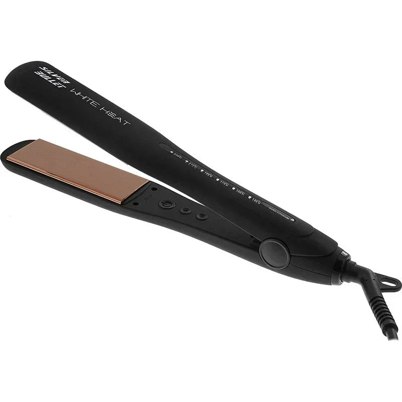 Hair straightener with black handle and copper-colored plates.