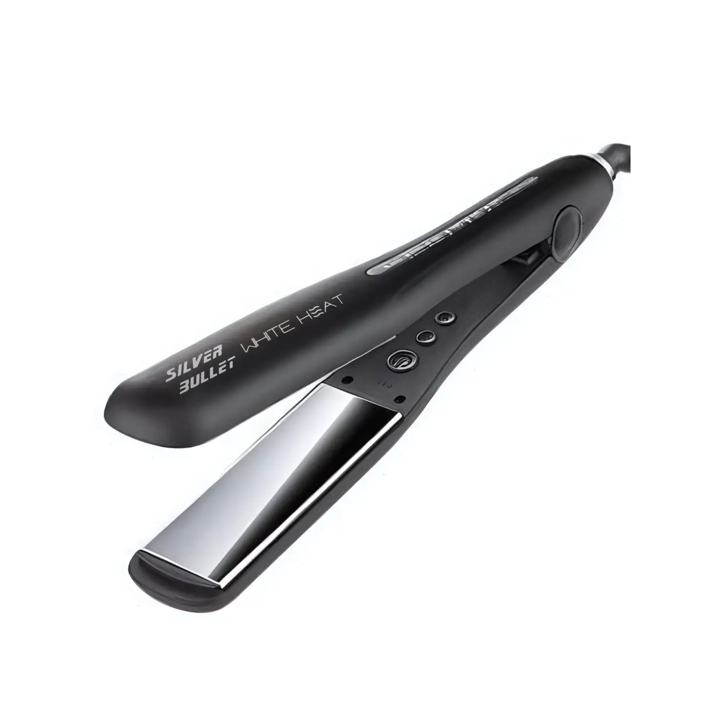 Black and silver Silver Bullet White Heat Max hair straightener for salon-worthy results