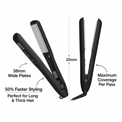 Silver Bullet White Heat Max wide hair straightener with 38mm wide plates for thick hair styling