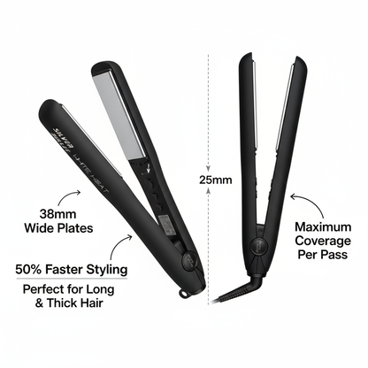Silver Bullet White Heat Max wide hair straightener with 38mm wide plates for thick hair styling