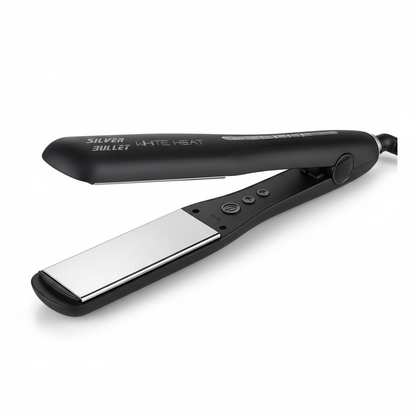 Silver Bullet White Heat Max wide hair straightener in black with wide ceramic plates and control buttons