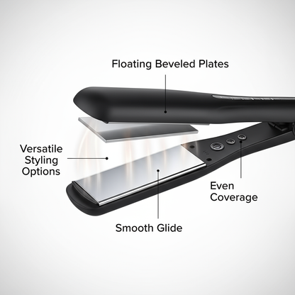 Silver Bullet White Heat Max wide hair straightener showing floating beveled plates and smooth glide for even coverage