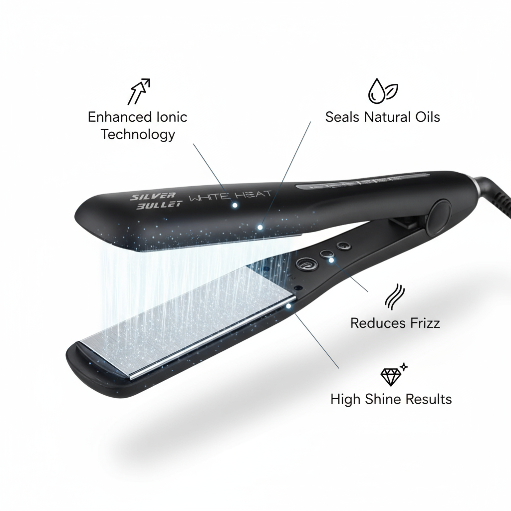 Silver Bullet White Heat Max wide hair straightener with enhanced ionic technology and frizz reduction