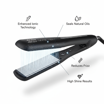 Silver Bullet White Heat Max wide hair straightener with enhanced ionic technology and frizz reduction
