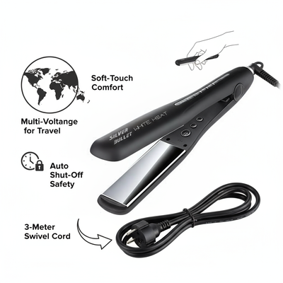 Silver Bullet White Heat Max wide hair straightener with soft-touch comfort and multi-voltage travel feature