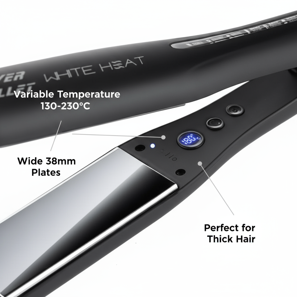 Silver Bullet White Heat Max wide hair straightener with 38mm plates and digital temperature display
