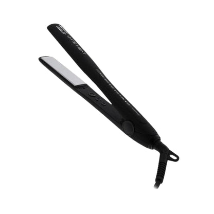 Black hair straightener with ceramic plates and control buttons by Silver Bullet White Heat