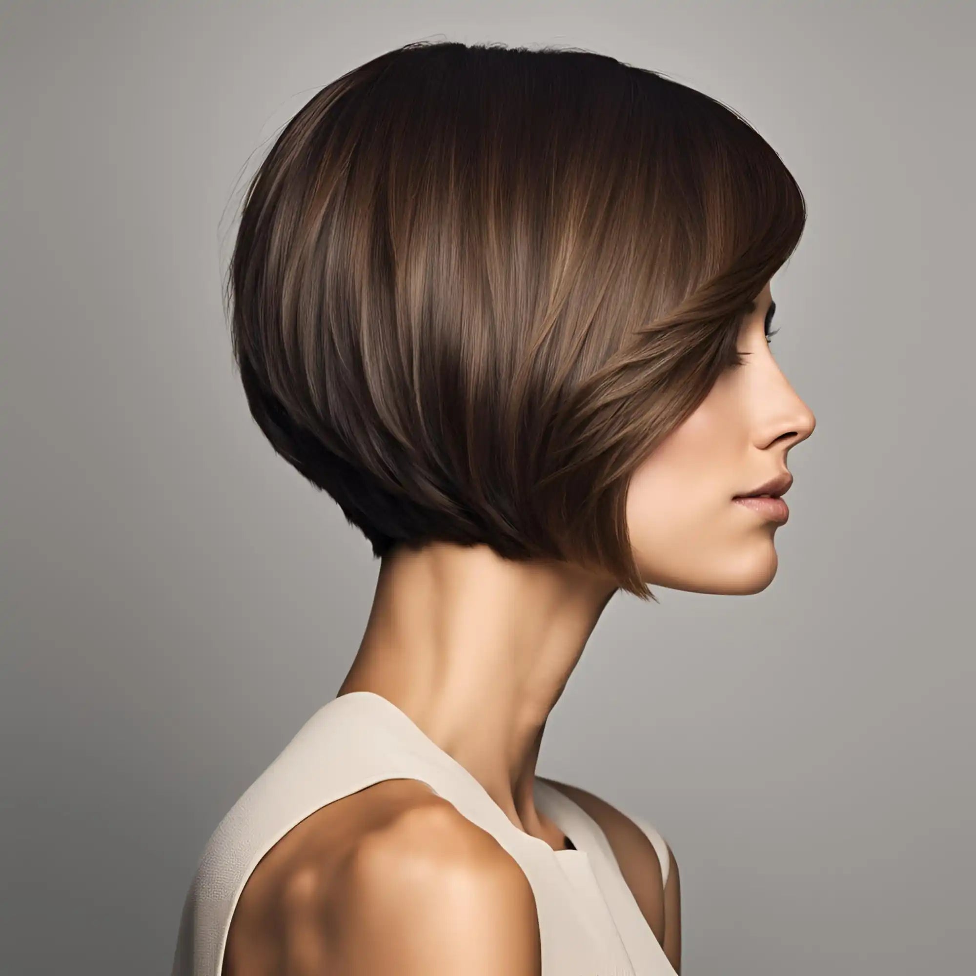 Sleek, angled bob haircut with dark brown hair styled in a smooth, glossy finish.