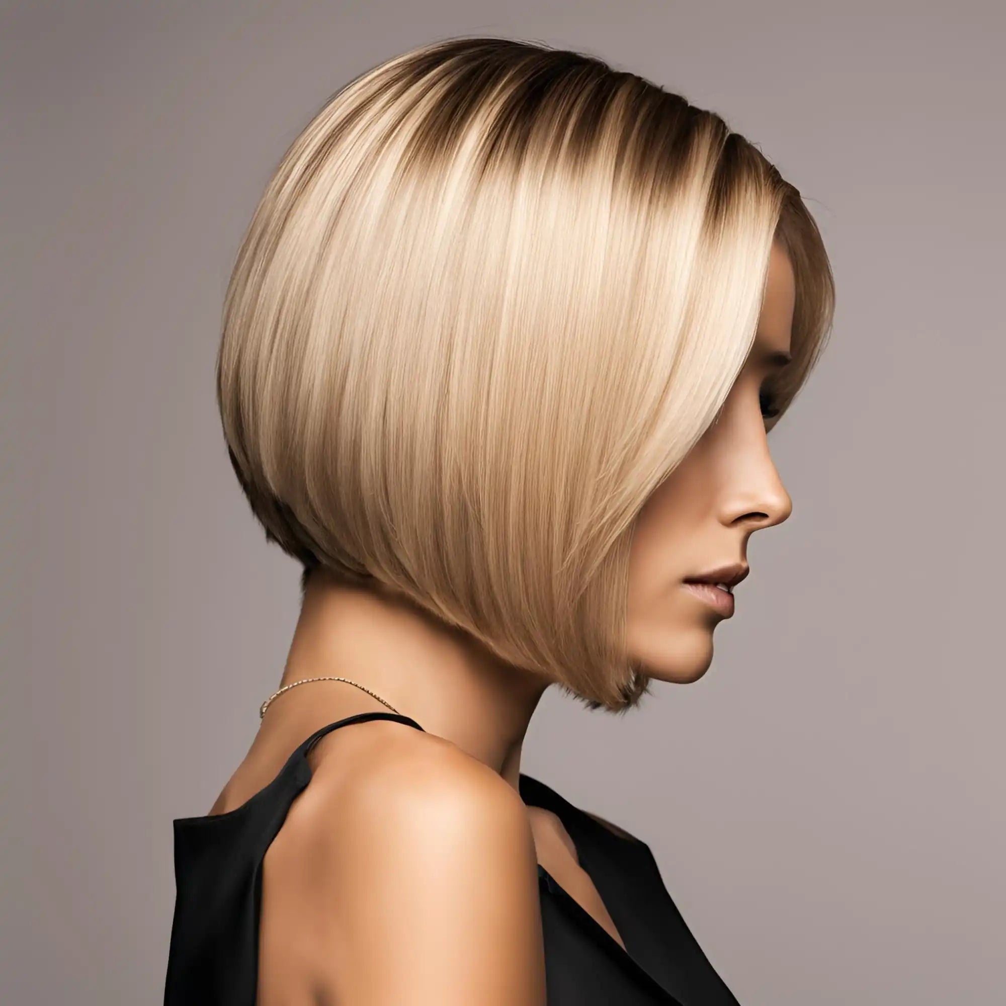 Sleek blonde bob hairstyle on a woman in profile view.