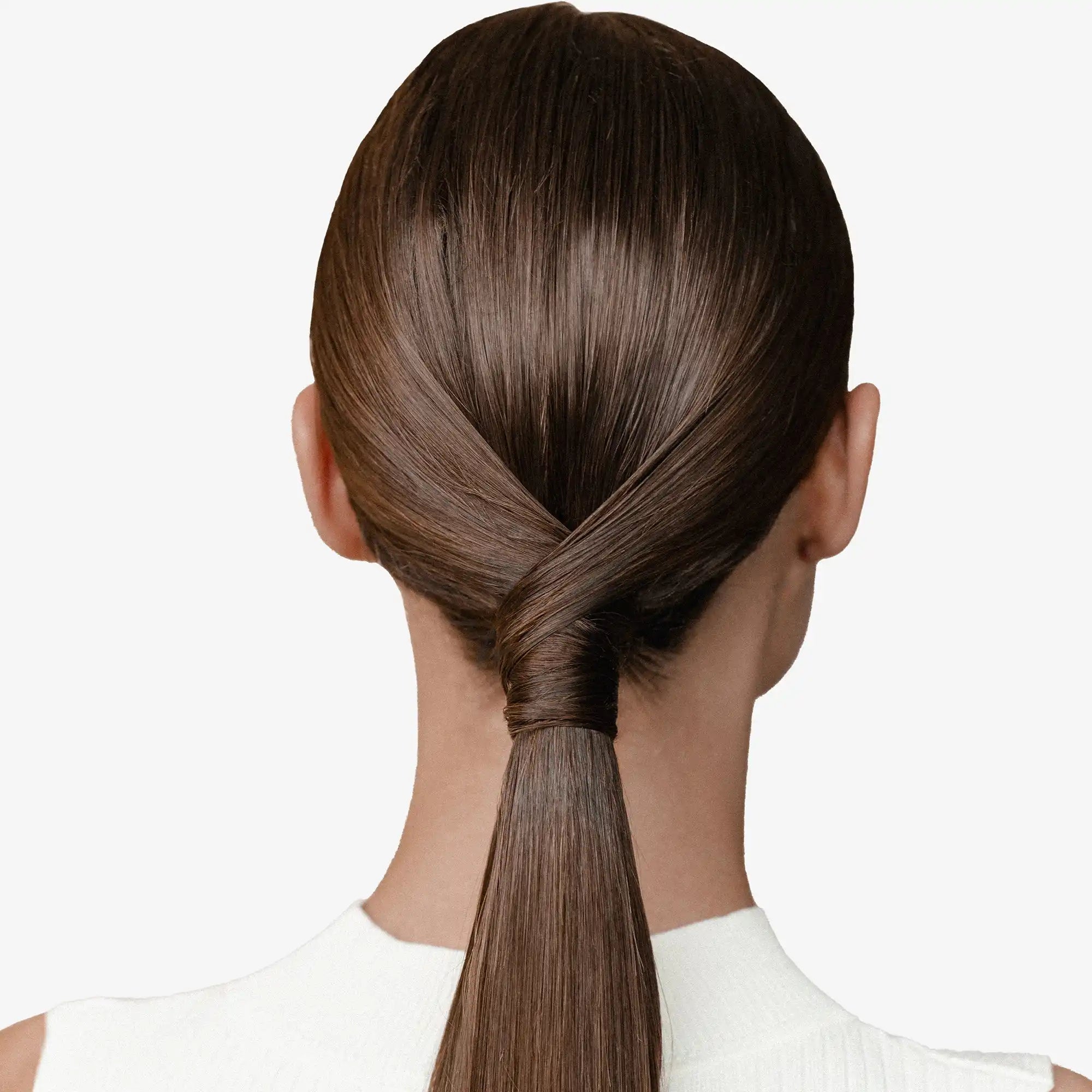 Sleek ponytail hairstyle with a wrapped section securing the hair tie.