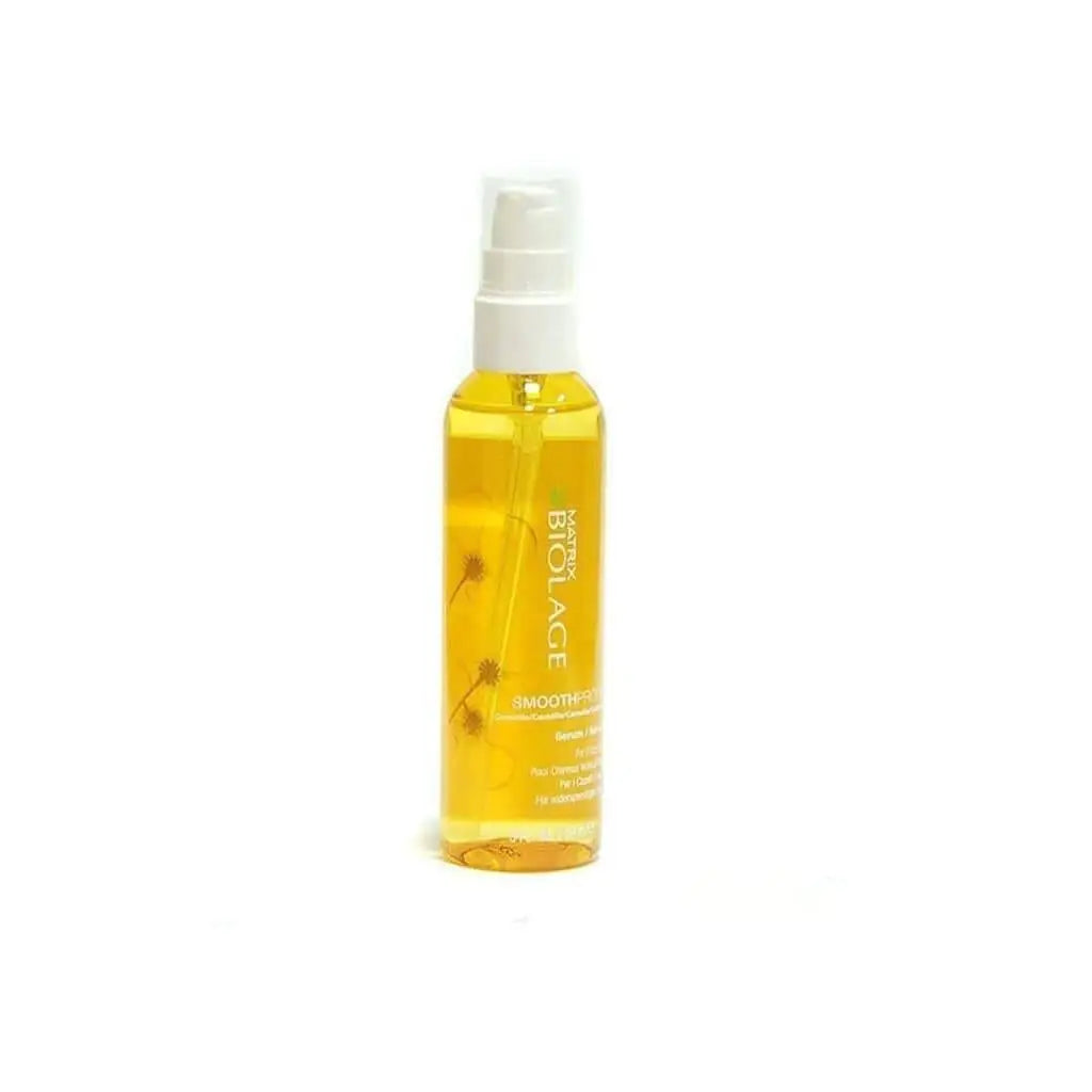 Yellow Biolage Smoothproof Serum spray bottle tames frizz and adds shine