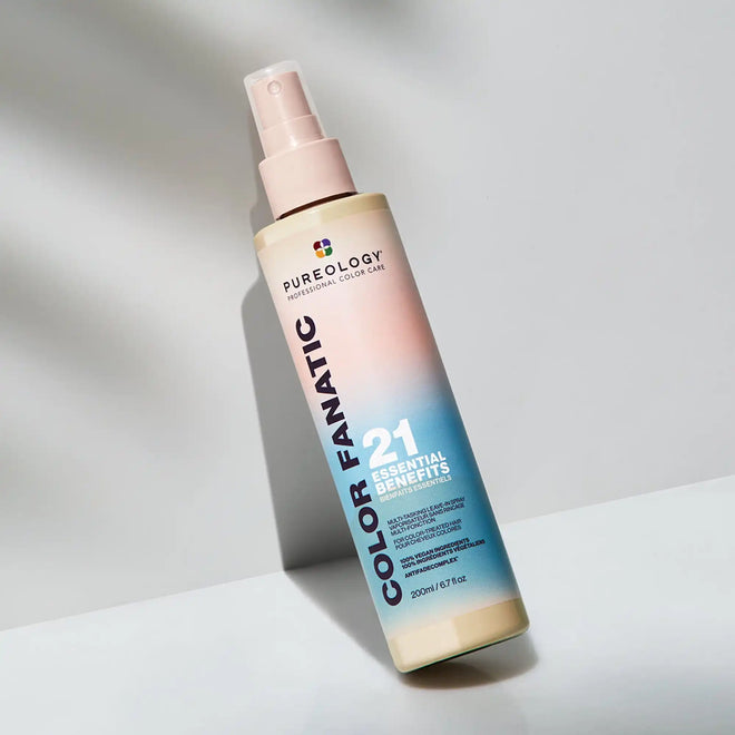 Spray bottle of Pureology Color Fanatic 21 Benefits hair treatment product.