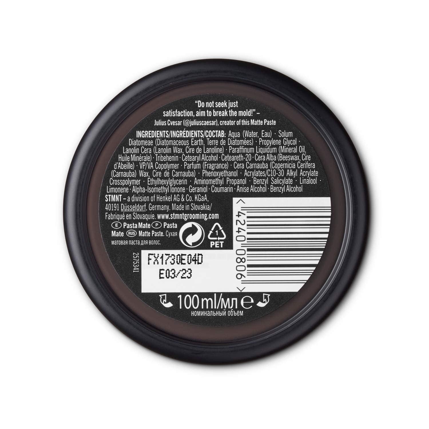 STMNT Matte Paste 100ml back packaging view