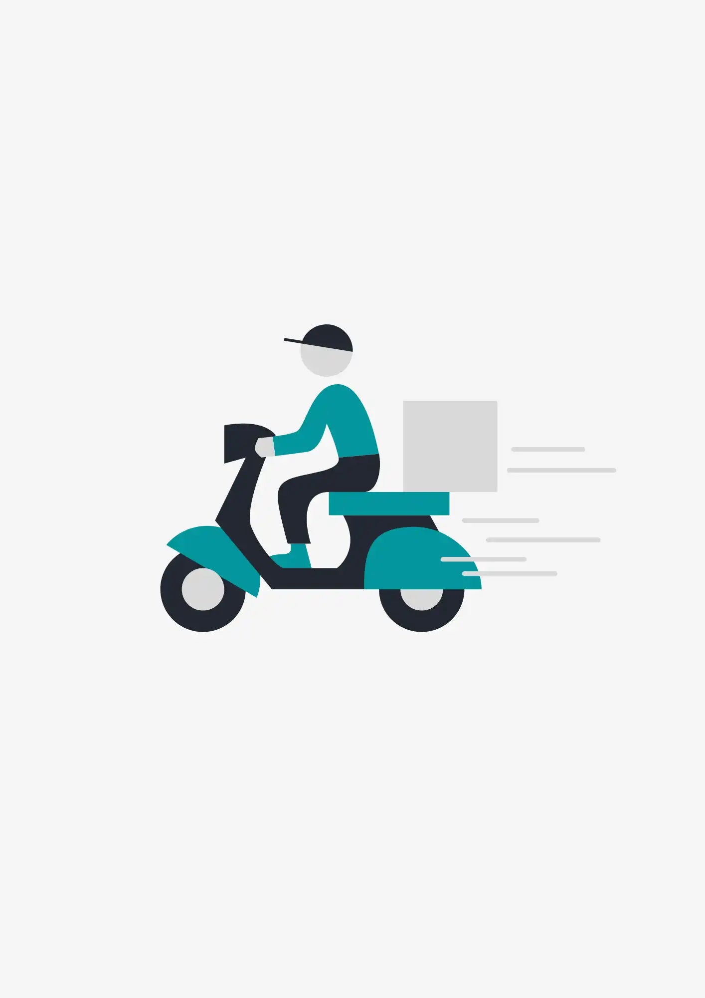 Stylized delivery person riding a scooter with a package.