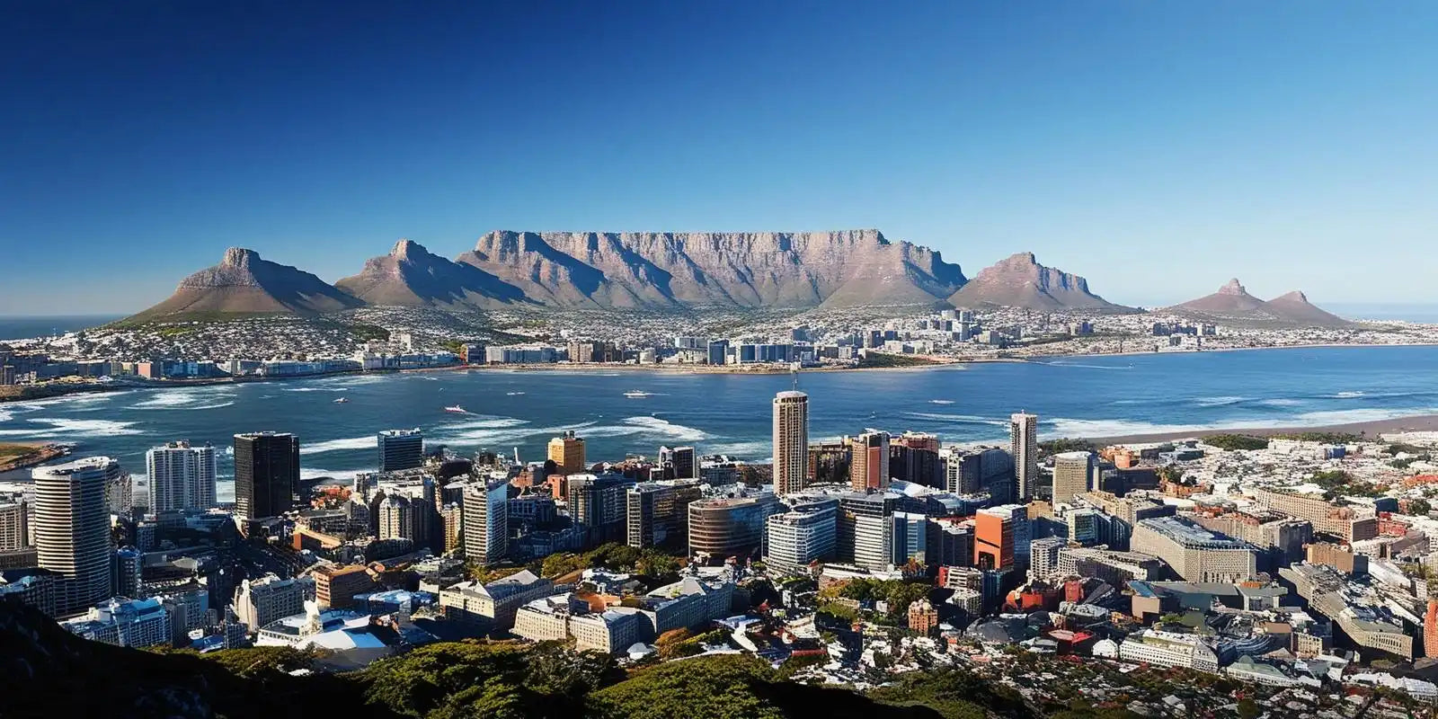 Table Mountain rises above Cape Town’s harbor and cityscape.