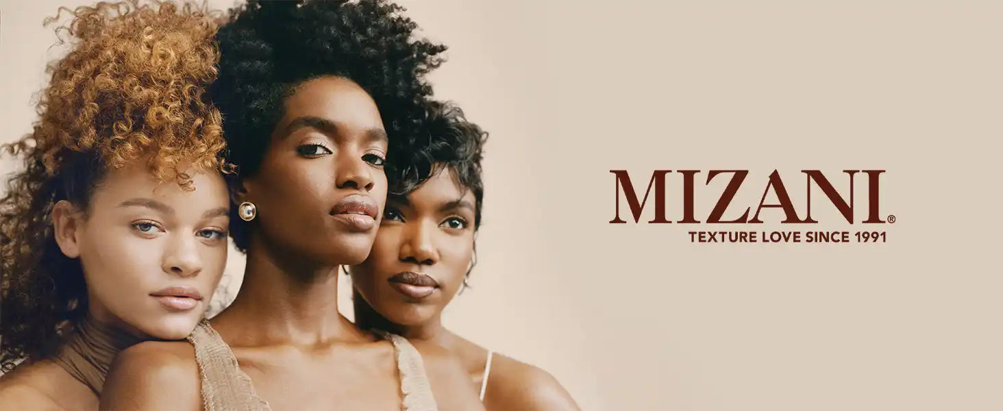 An advertisement for Mizani hair products featuring three individuals with different curly and textured hairstyles. The text reads 'MIZANI TEXTURE LOVE SINCE 1991.