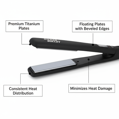 Silver Bullet Lightning Titanium Straightener with premium titanium plates and floating beveled edges